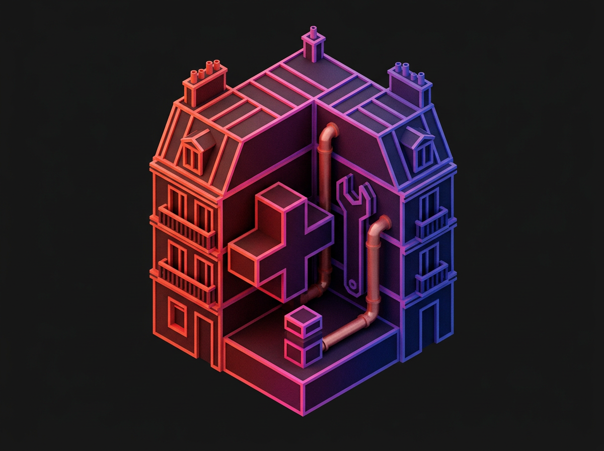 Isometric illustration of a Paris apartment building cut open to show a pipe, a wrench and a plus sign